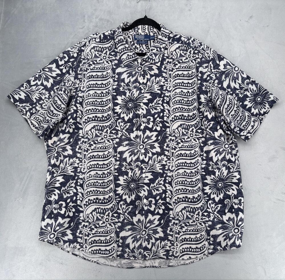 Polo By Ralph Lauren Shirt Mens 2XL Blue Floral Short Sleeve Button Up Linen